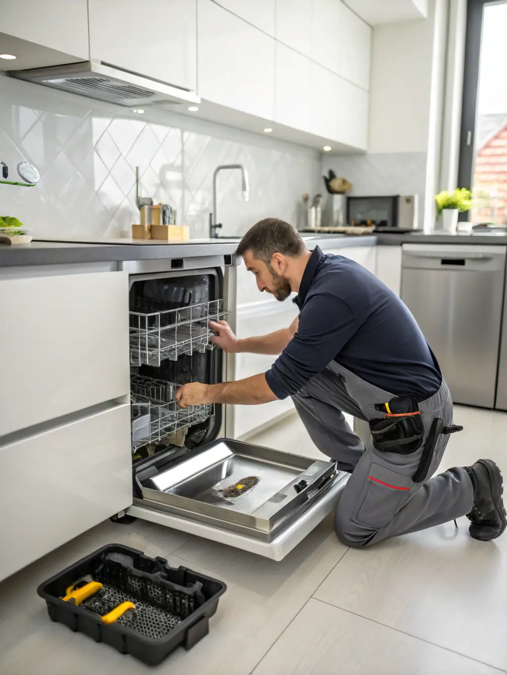 A technician working on a commercial dishwasher in a busy restaurant, with clean dishes being stacked nearby.