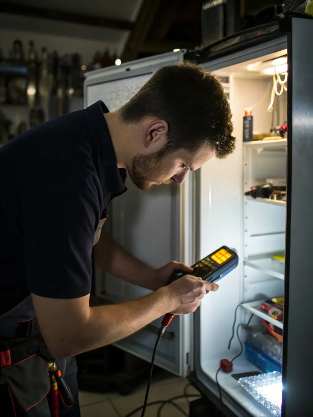 A modern refrigerator being repaired in a well-lit kitchen, with the technician using diagnostic tools.
