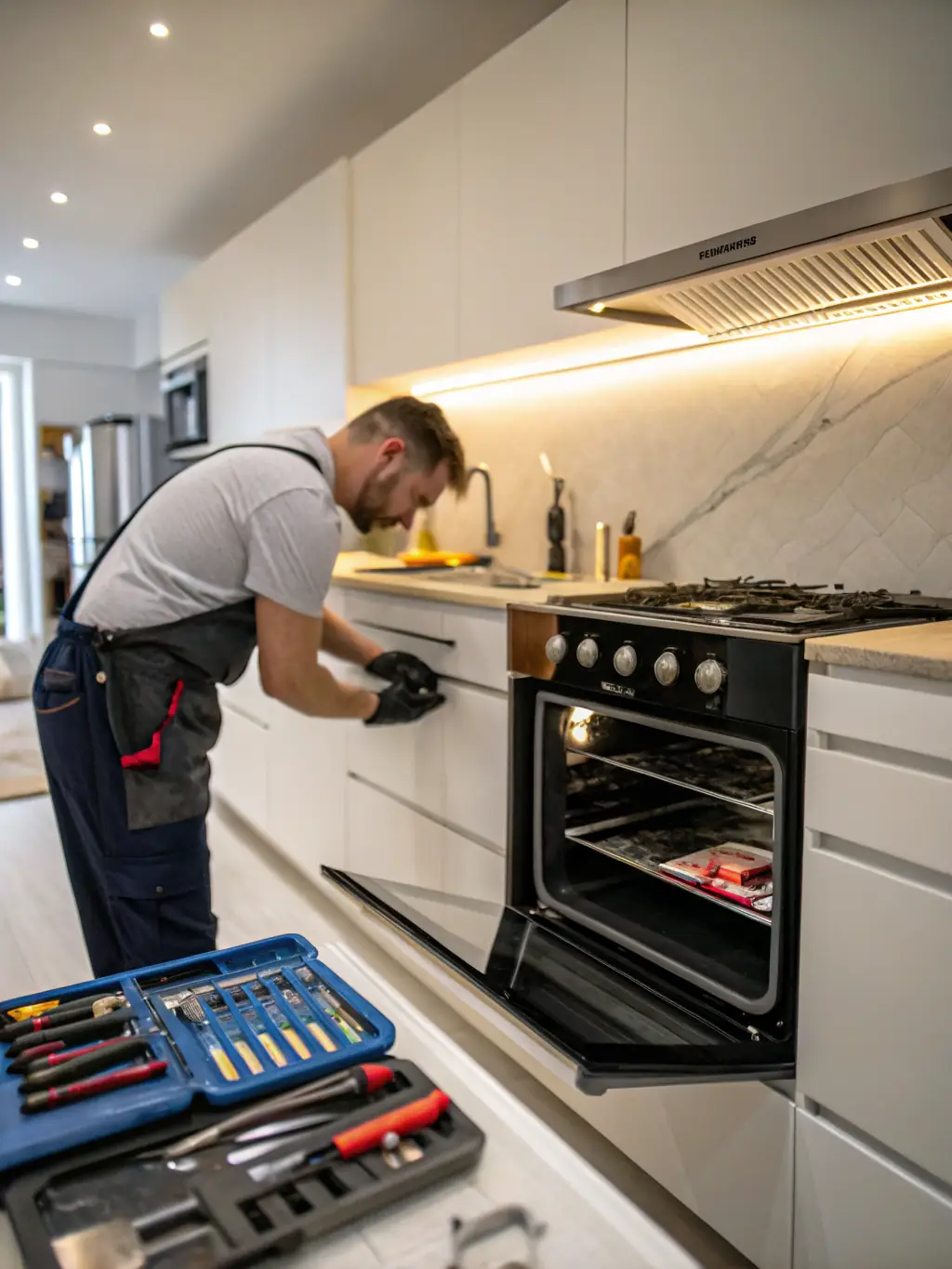 A technician fixing a commercial oven in a restaurant kitchen, with other stainless steel appliances visible in the background.