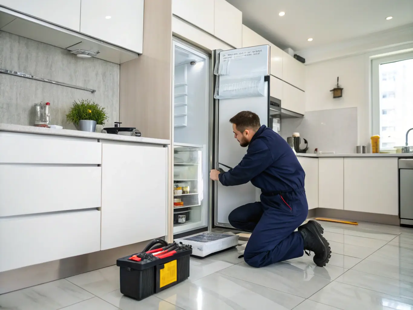 A stainless steel refrigerator in a modern kitchen, with the door open revealing well-organized food items. A technician is shown checking the temperature settings.
