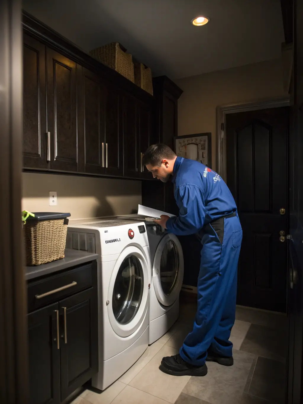 A skilled technician troubleshooting the control panel of a modern washing machine, highlighting Frostline's expertise in washer repairs.