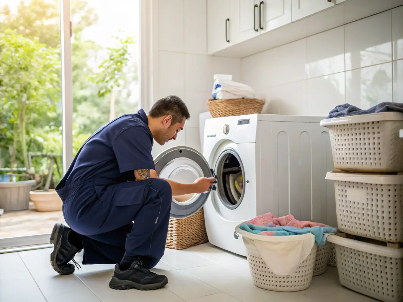 A modern washing machine in a home laundry room, with a technician inspecting the control panel. The scene should convey cleanliness and efficiency.
