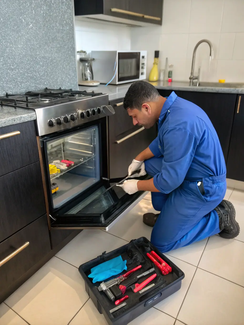 A technician expertly replacing a faulty heating element in a residential oven, showcasing Frostline's oven repair service.