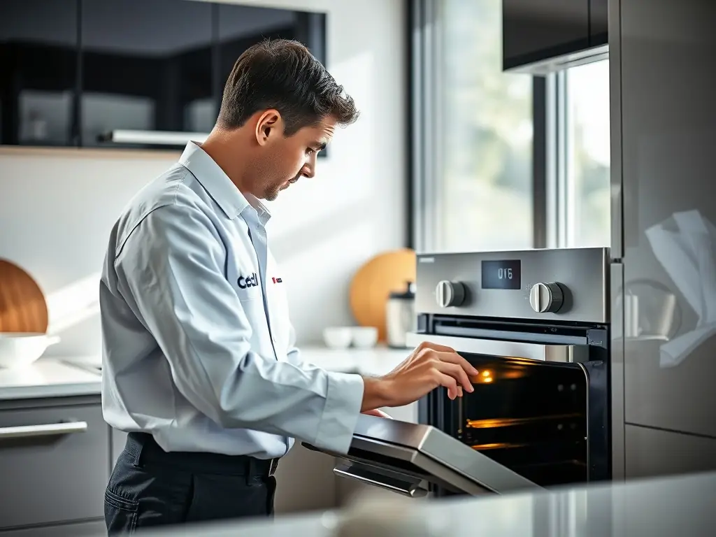 A modern stainless steel oven and cooktop in a kitchen setting, with a chef preparing a meal. The scene should highlight the functionality and importance of these appliances.